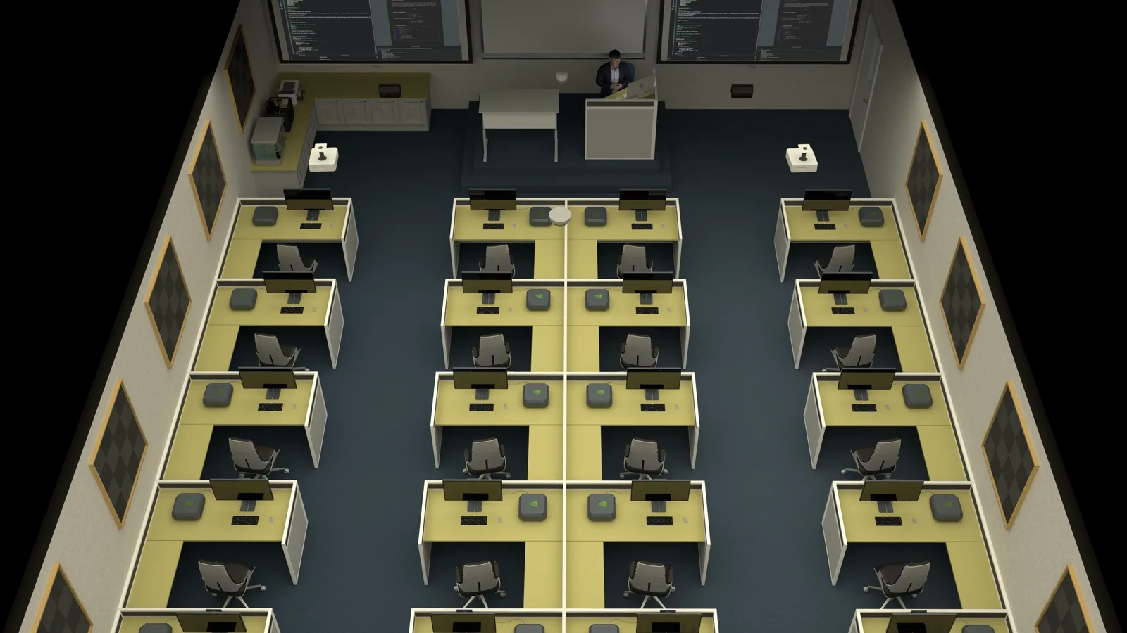Salle de travail équipée de plusieurs postes informatiques prêts à être configurés