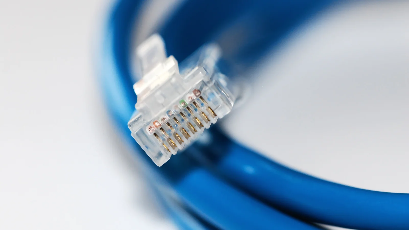 Connecteur RJ45 bleu au bout d’un câble Ethernet pour réseau filaire