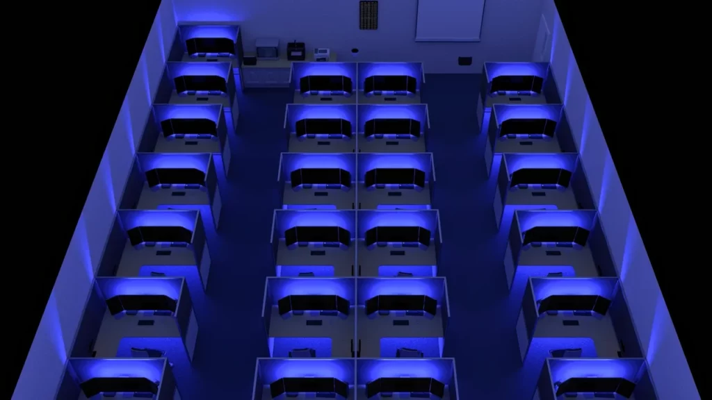 Salle équipée de plusieurs postes informatiques organisés en espaces de travail